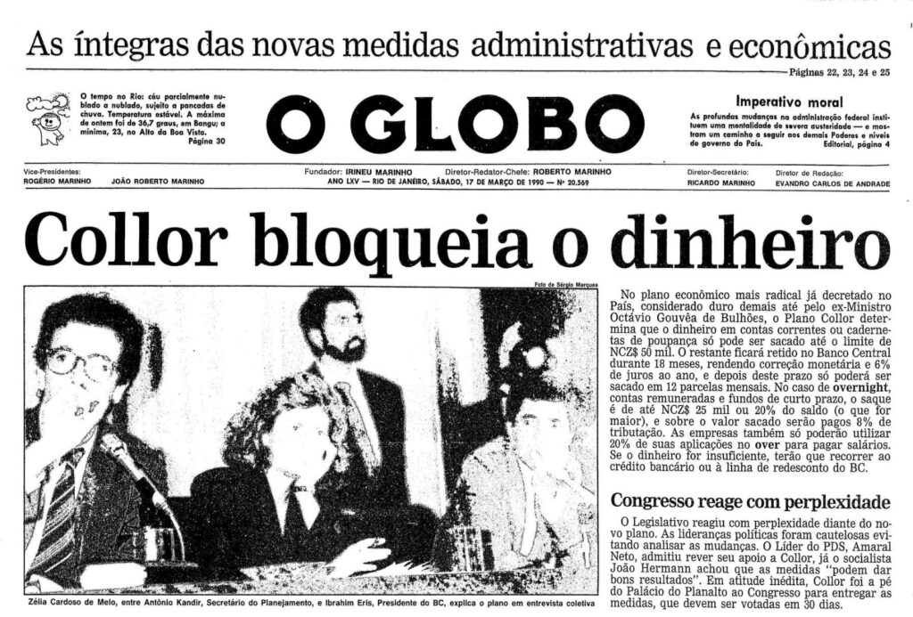 Manchete de jornal sobre bloqueio de Collor