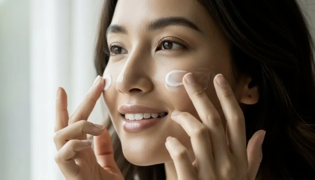 Mulher passando creme no rosto
